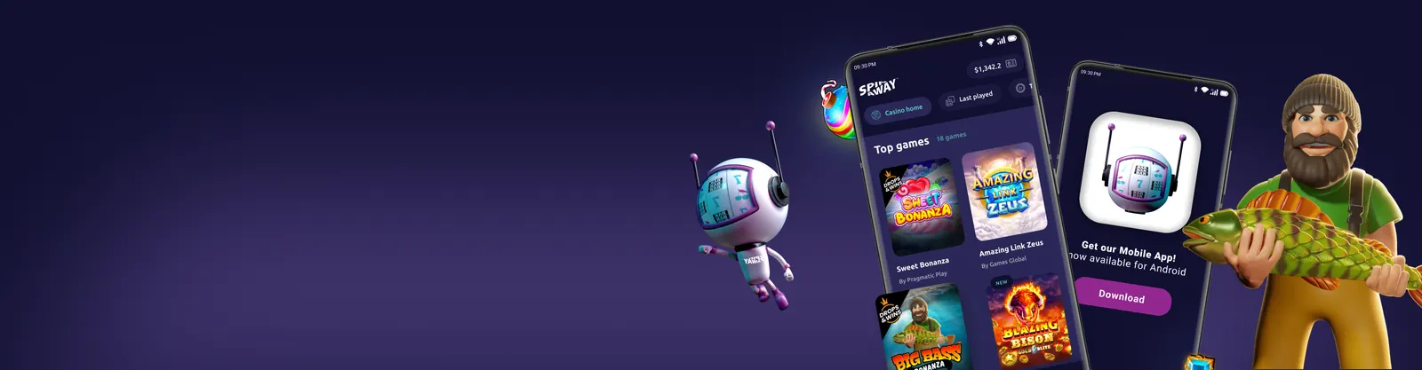 SpinAway mobile lobby and Android app on two phones