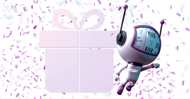 SpinAway robot mascot with a gift box in a burst of confetti