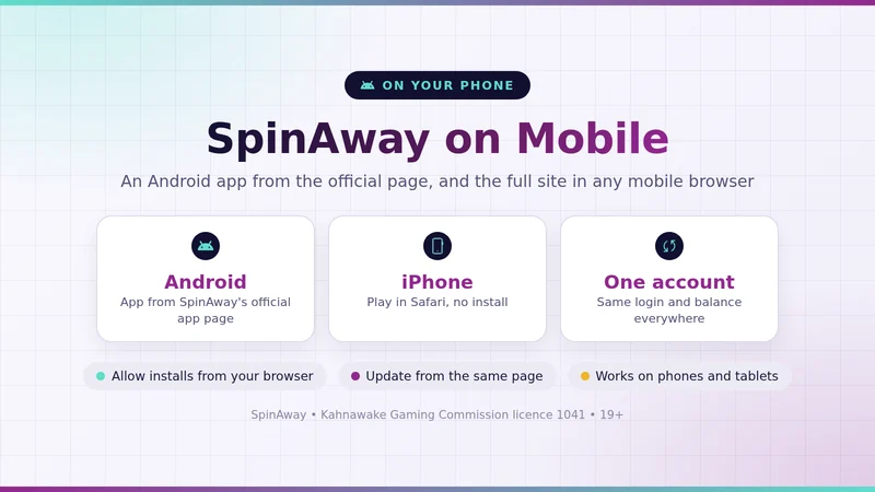 SpinAway Android app and mobile casino lobby on a phone screen