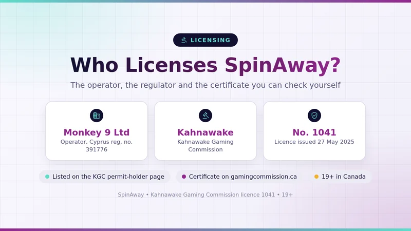 SpinAway licence summary: Monkey 9 Limited, Kahnawake Gaming Commission, licence 1041 issued 27 May 2025, 19+